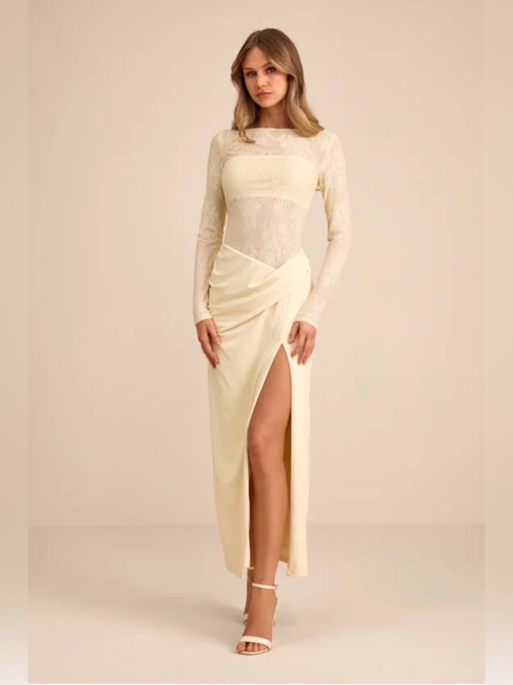 NWT Lulu's Pale Yellow Lace Long-Sleeve Open Back Maxi Dress with Slit